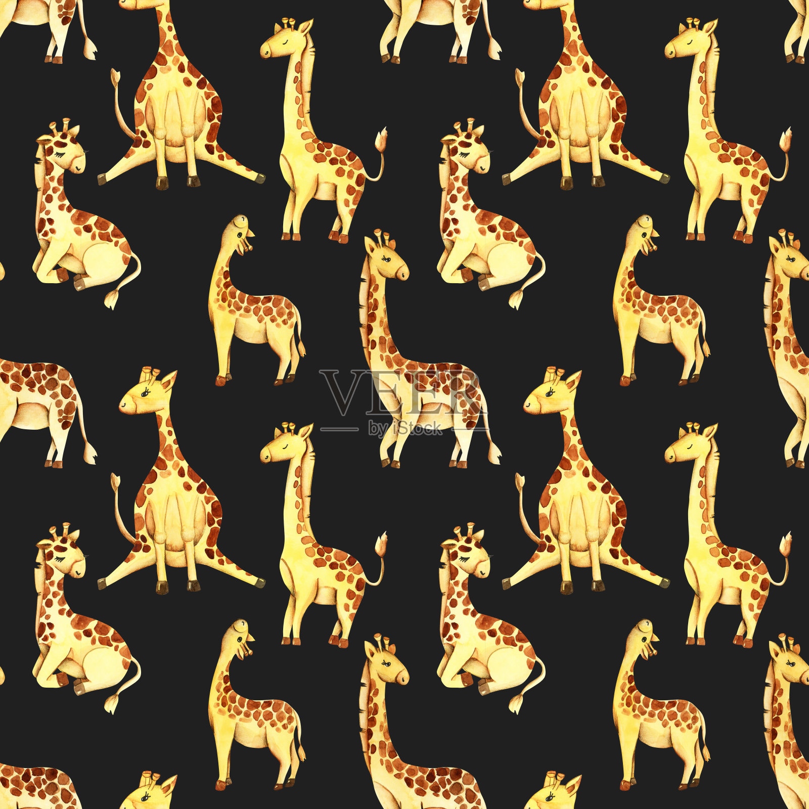 水彩可爱的长颈鹿无缝图案,手绘在一个黑暗的背景插画图片素材