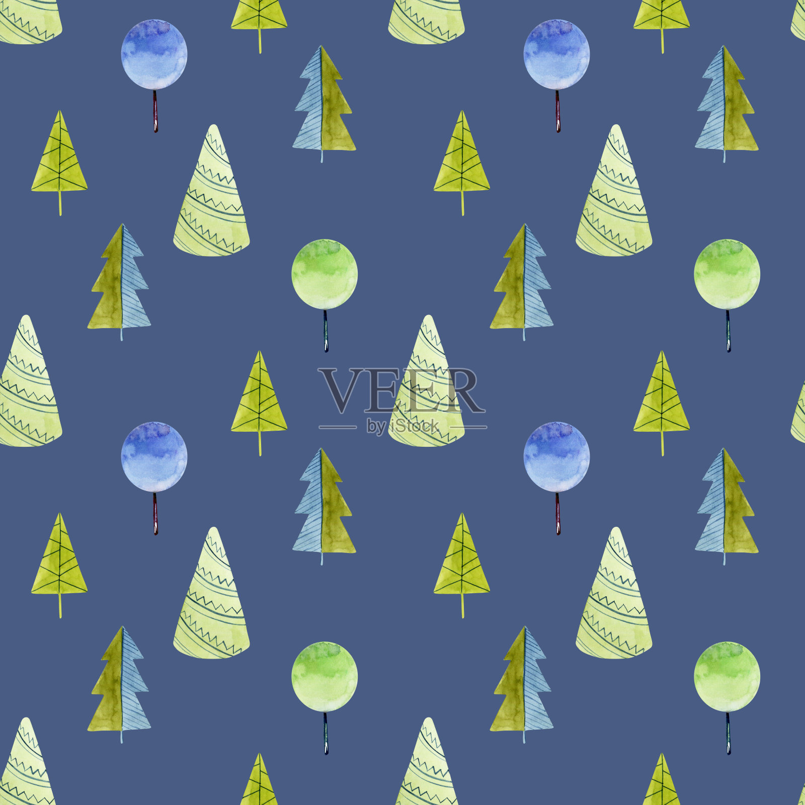 无缝水彩简单的树木和云杉,手绘在蓝色的背景插画图片素材