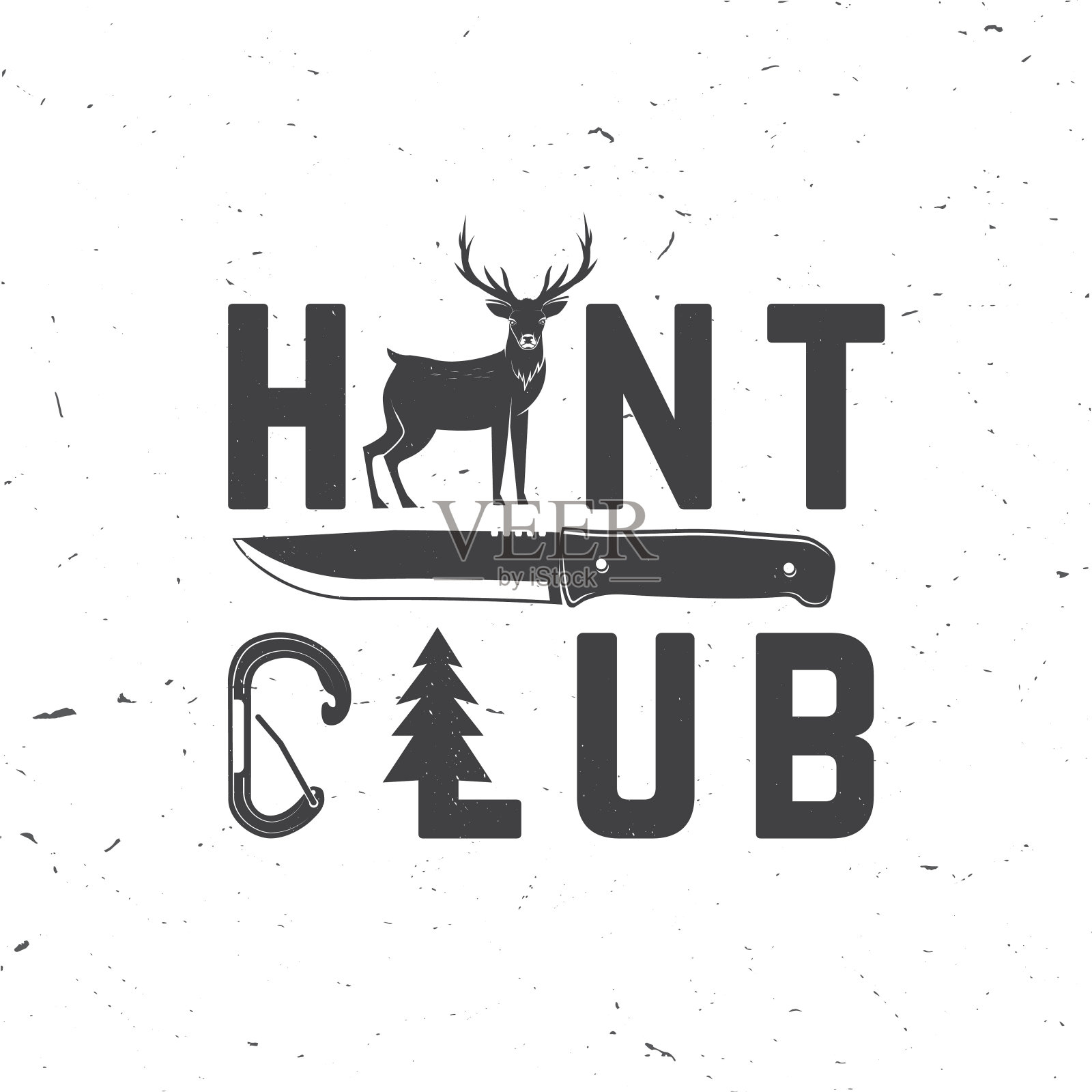 狩猎俱乐部。向量。概念衬衫或标签,打印,邮票,徽章,t恤。古董排印设计与钩,鹿,刀和森林剪影。户外探险狩猎俱乐部会徽插画图片素材