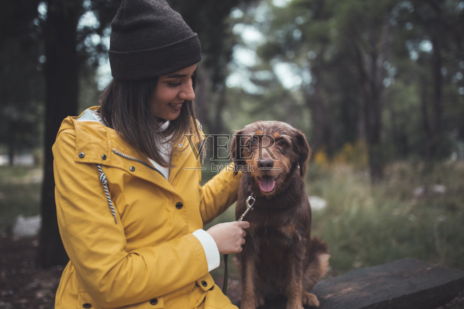 一个年轻女人在公园里拥抱她最好的朋友老狗。她穿着黄色的雨衣,坐在长凳上照片摄影图片