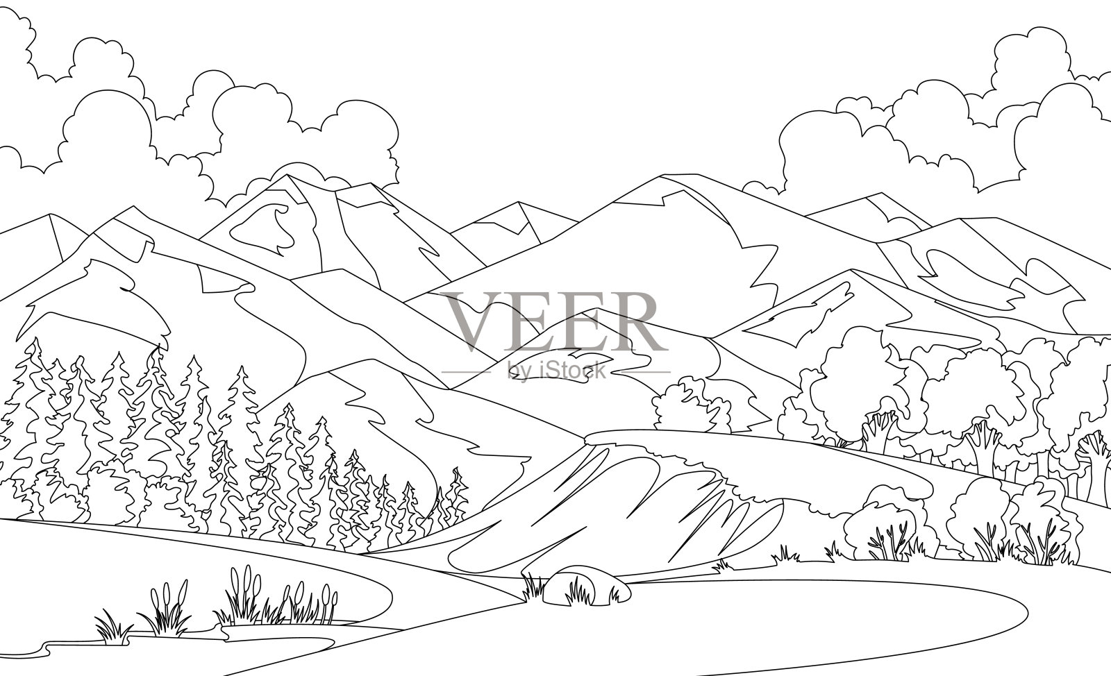 矢量彩色插图的美丽的夏季田野景观与黎明,山丘陵,天空,乡村背景在平面卡通风格的旗帜。素描风格插画图片素材