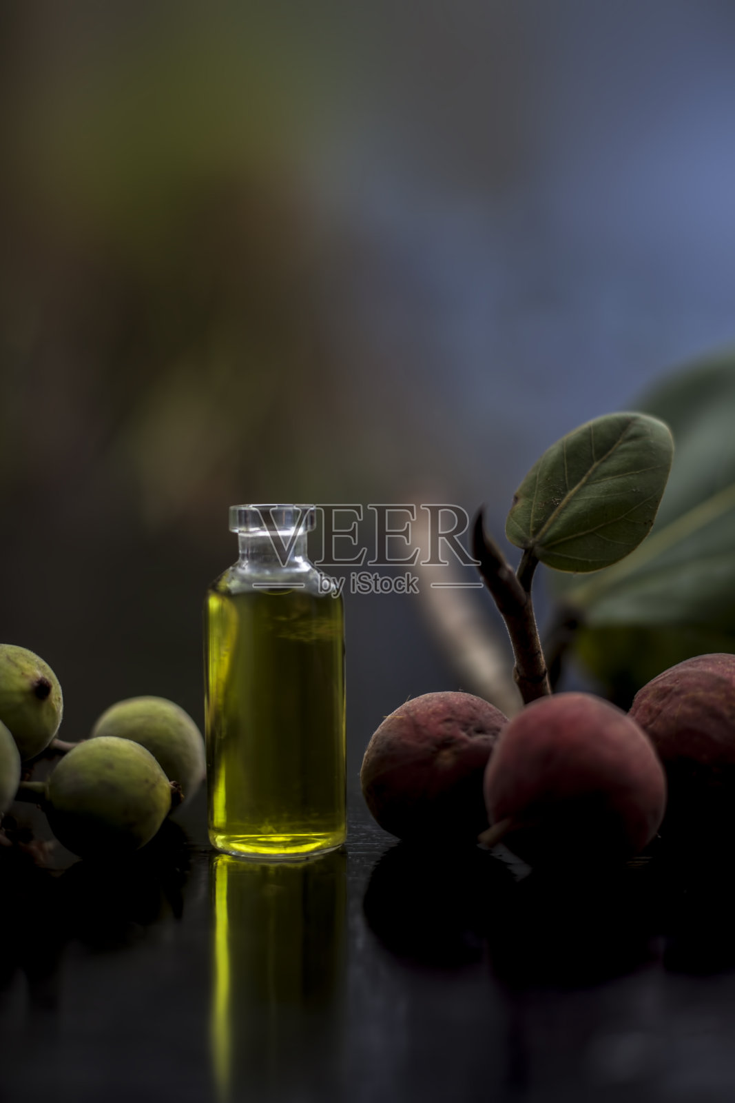 近距离拍摄提取的草本植物和有益的榕树精华在一个小玻璃瓶在木制表面连同它的叶子和果实。照片摄影图片