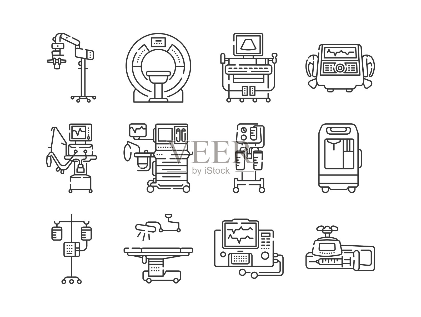 医疗设备行黑色图标设置。MRI,麻醉机,注射器泵,滴管,除颤器,网页标志,移动应用程序。矢量孤立元素。插画图片素材