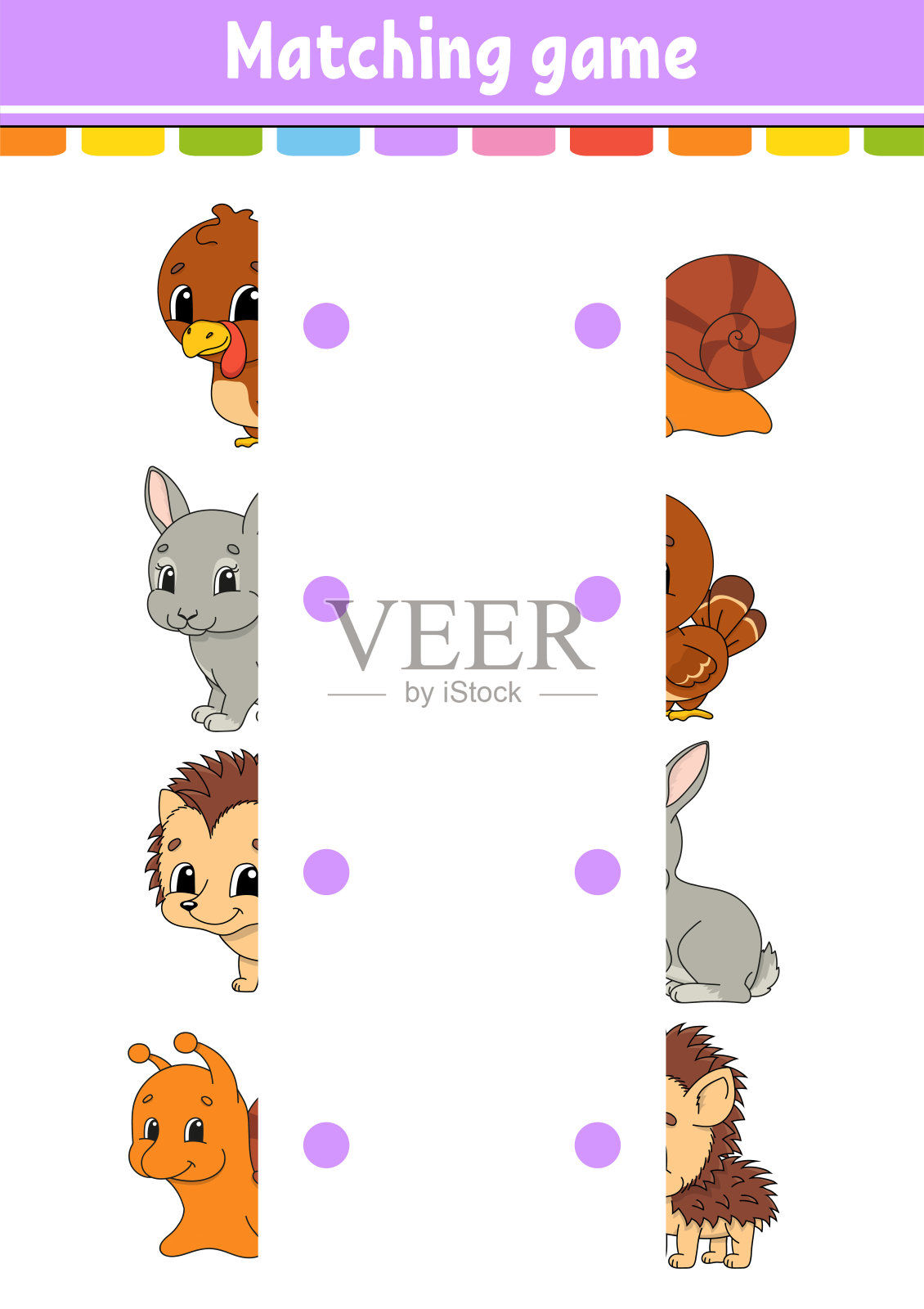 匹配的游戏。画一条线。教育发展工作表。活动页与彩色图片。儿童谜语。孤立的矢量图。有趣的角色。卡通风格。设计元素图片