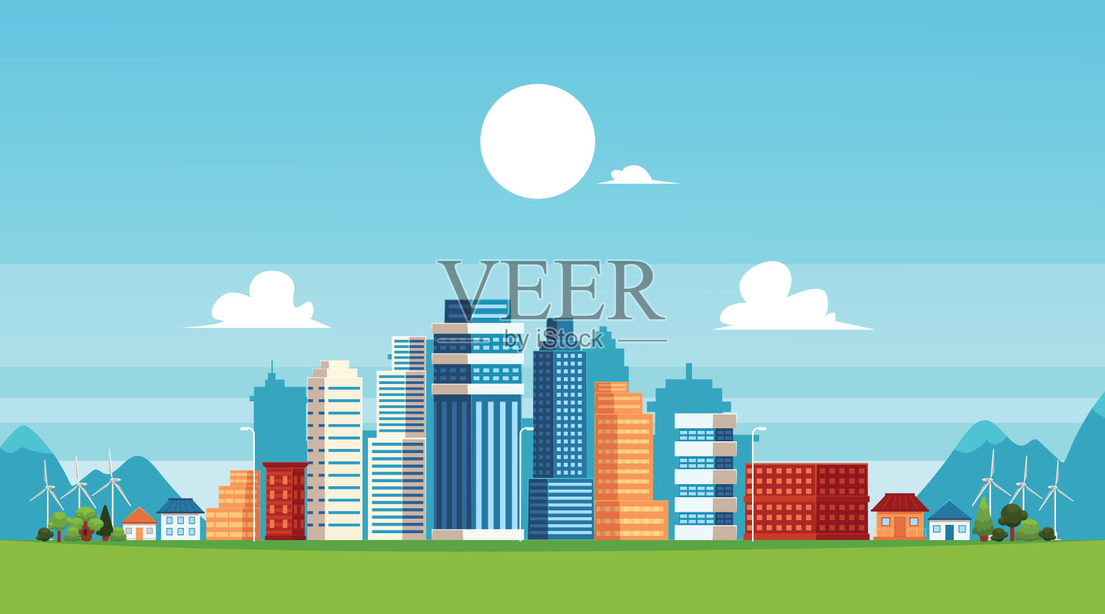 城市景观与摩天大楼和郊区建筑平面矢量插图。插画图片素材