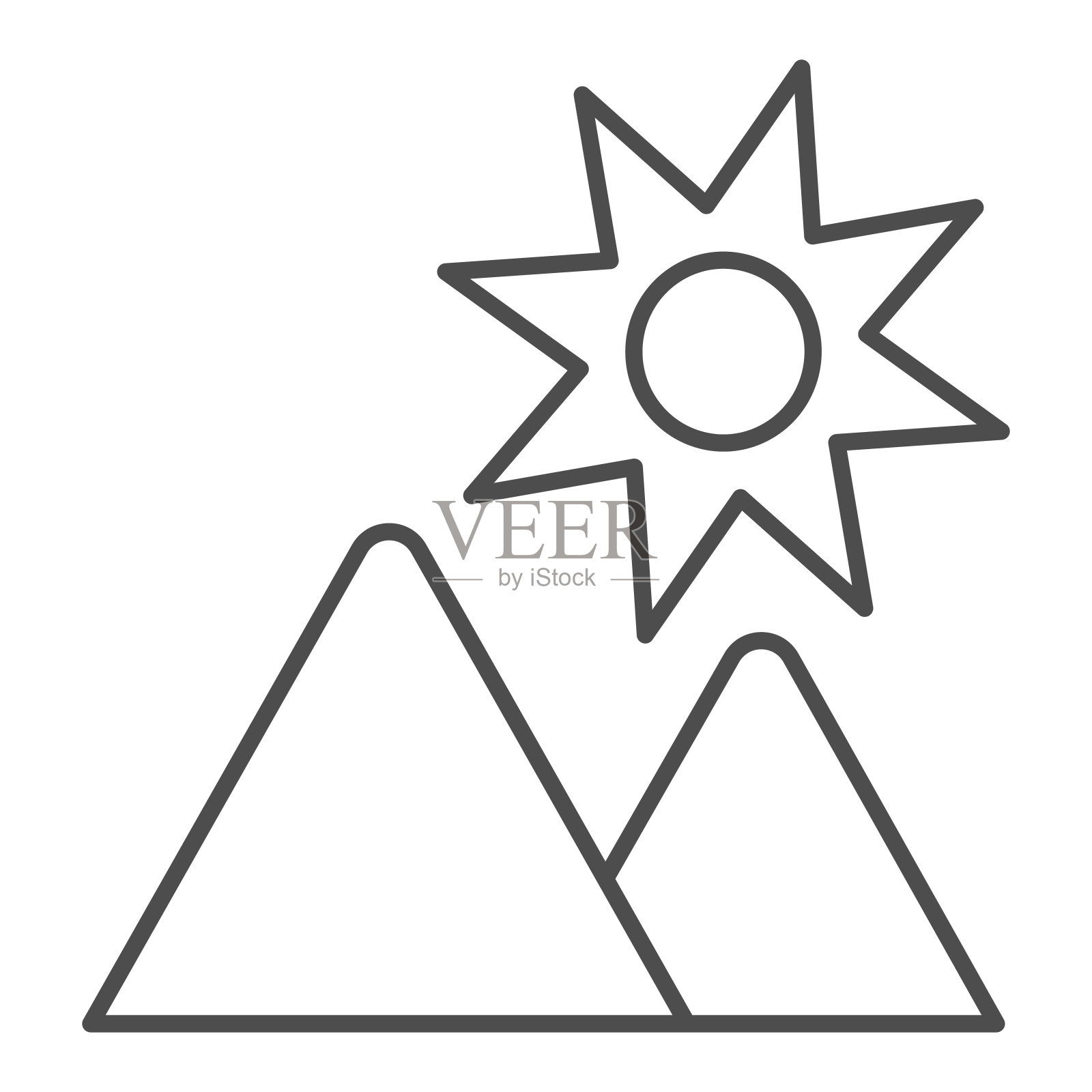 景观与太阳和山细线图标。山脉矢量插图孤立在白色。自然轮廓风格设计,专为网页和应用设计。Eps 10。插画图片素材