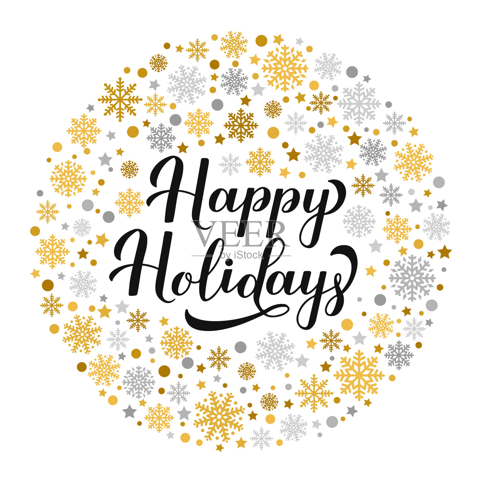 节日快乐手写的金字银字雪花,星星点点。圣诞快乐,新年快乐印刷海报。矢量模板贺卡,横幅,传单,贴纸等。设计模板素材