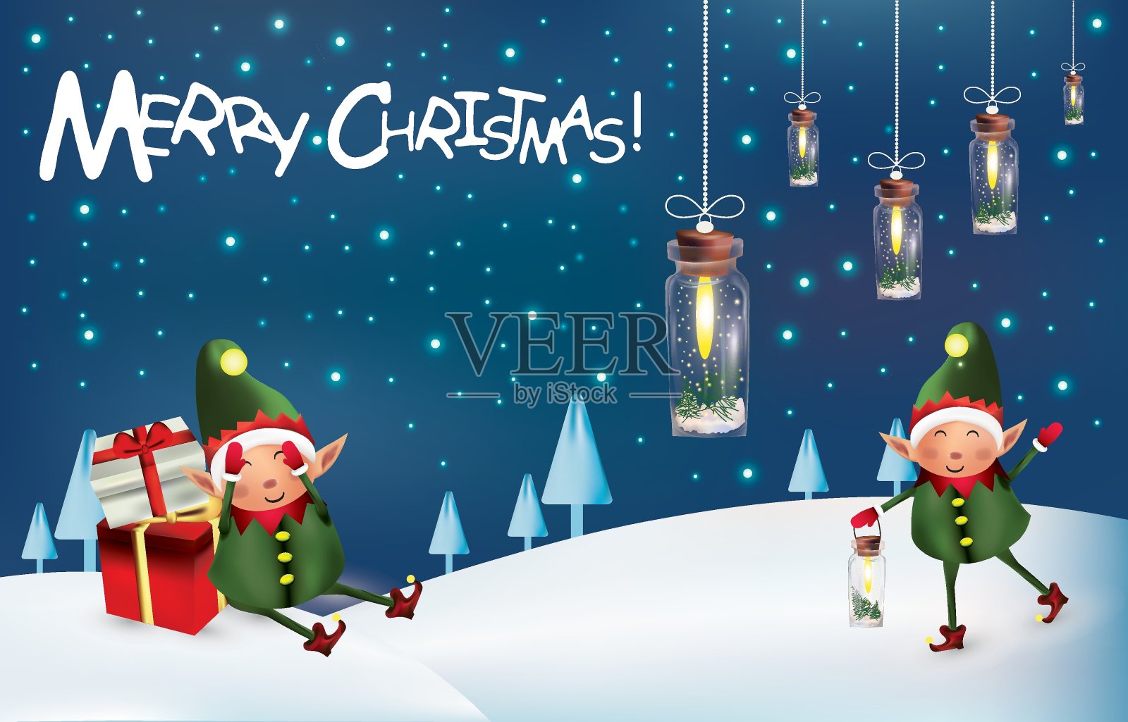 圣诞彩灯和小精灵。圣诞快乐的同伴。小精灵与礼物礼物。闪闪发光的灯花环与礼盒。神奇的花环。矢量图插画图片素材