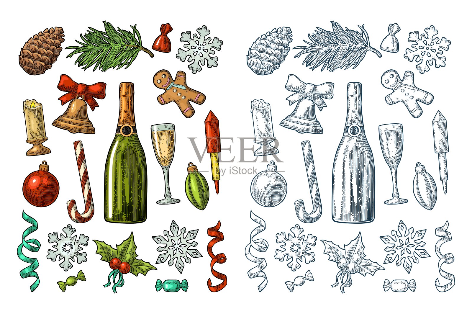 圣诞节和新年套装矢量复古彩色雕刻插画图片素材