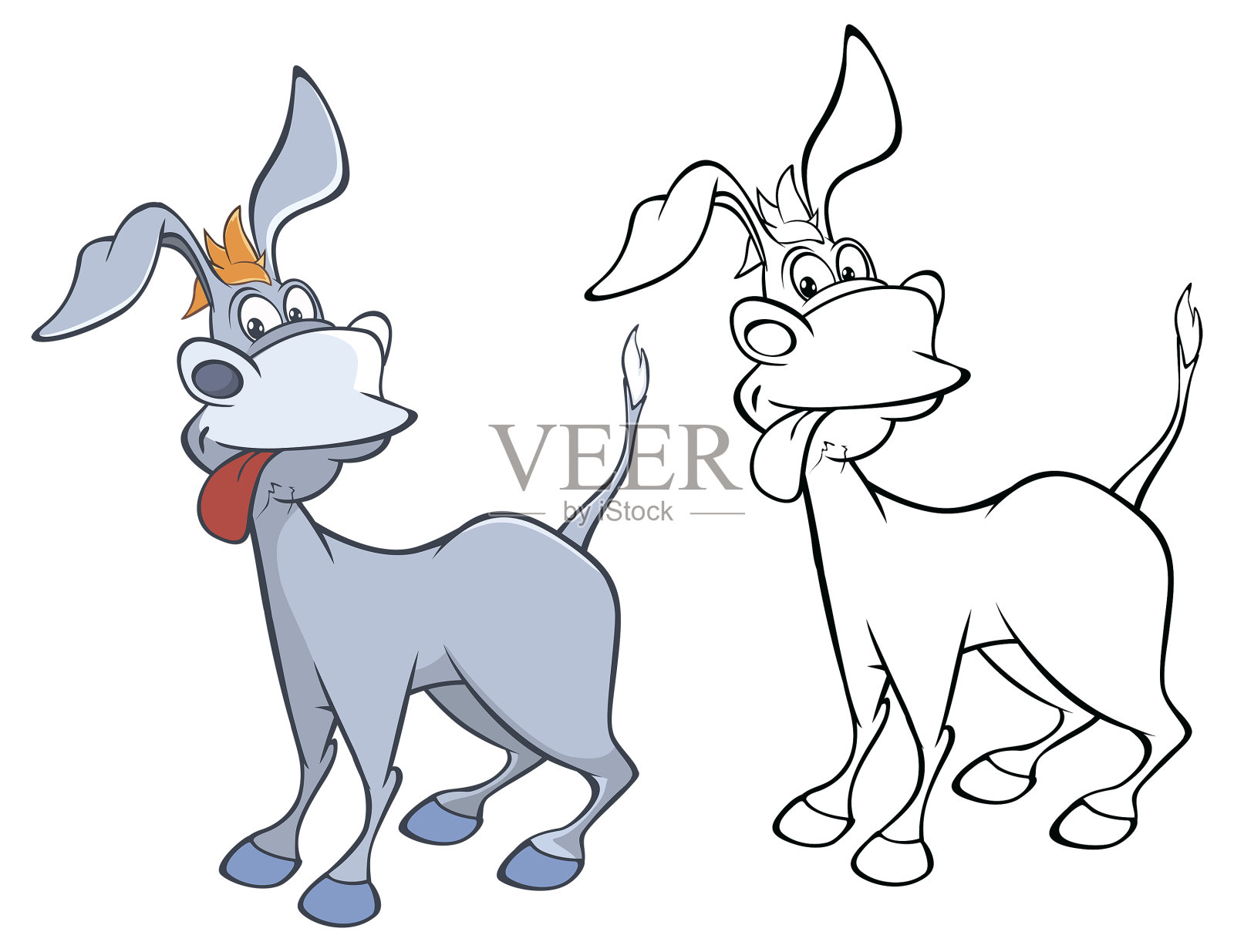 插图一个可爱的卡通人物毛驴为您设计和电脑游戏。着色书大纲集设计元素图片