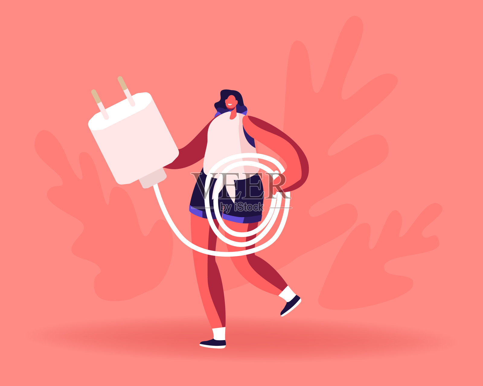 女性携带手机充电线给智能手机充电。微型女性角色与Usb电缆移动电话人们使用智能数字技术和配件卡通平面矢量插图插画图片素材