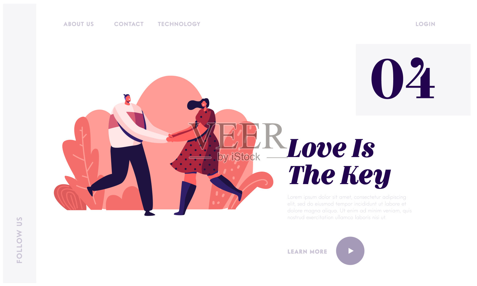 快乐夫妇户外业余网站登陆页。快乐的男人和女人花时间在一起牵着手和高兴,爱浪漫的关系网页横幅。卡通平面矢量插图插画图片素材