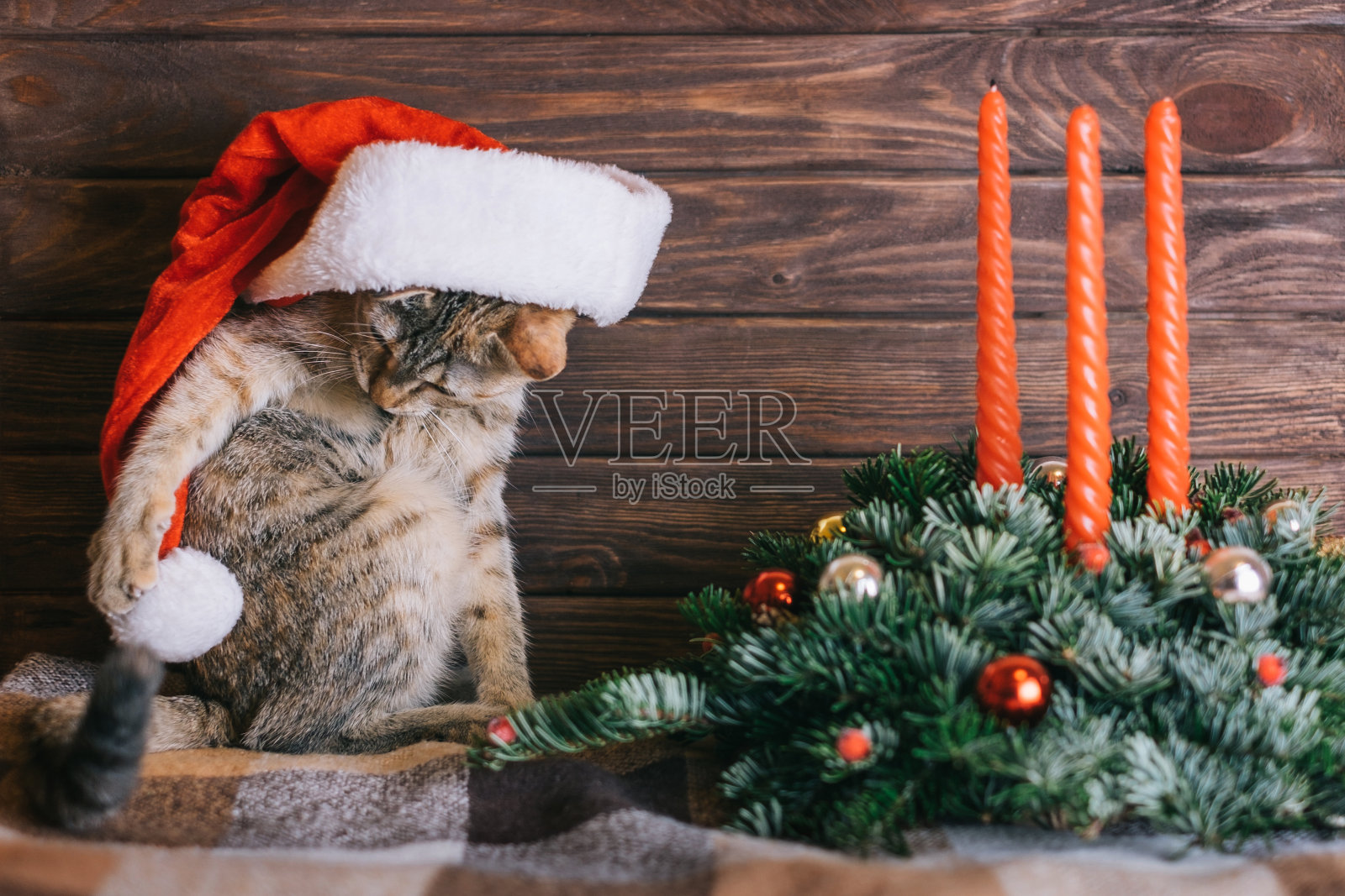 可爱的小猫玩绒球在圣诞老人的帽子附近装饰。照片摄影图片