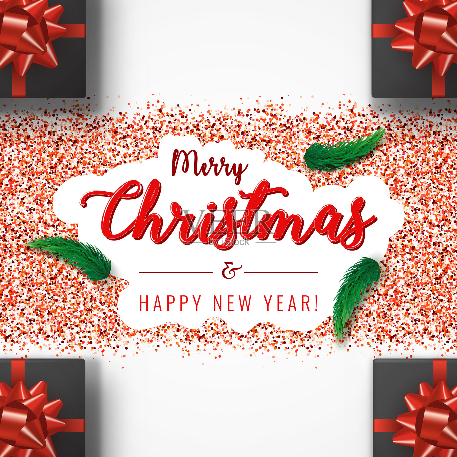 圣诞和新年的节日横幅,礼物,云杉树枝和红色的金属箔。圣诞海报,卡片,标题网站上的灯光背景。设计模板素材