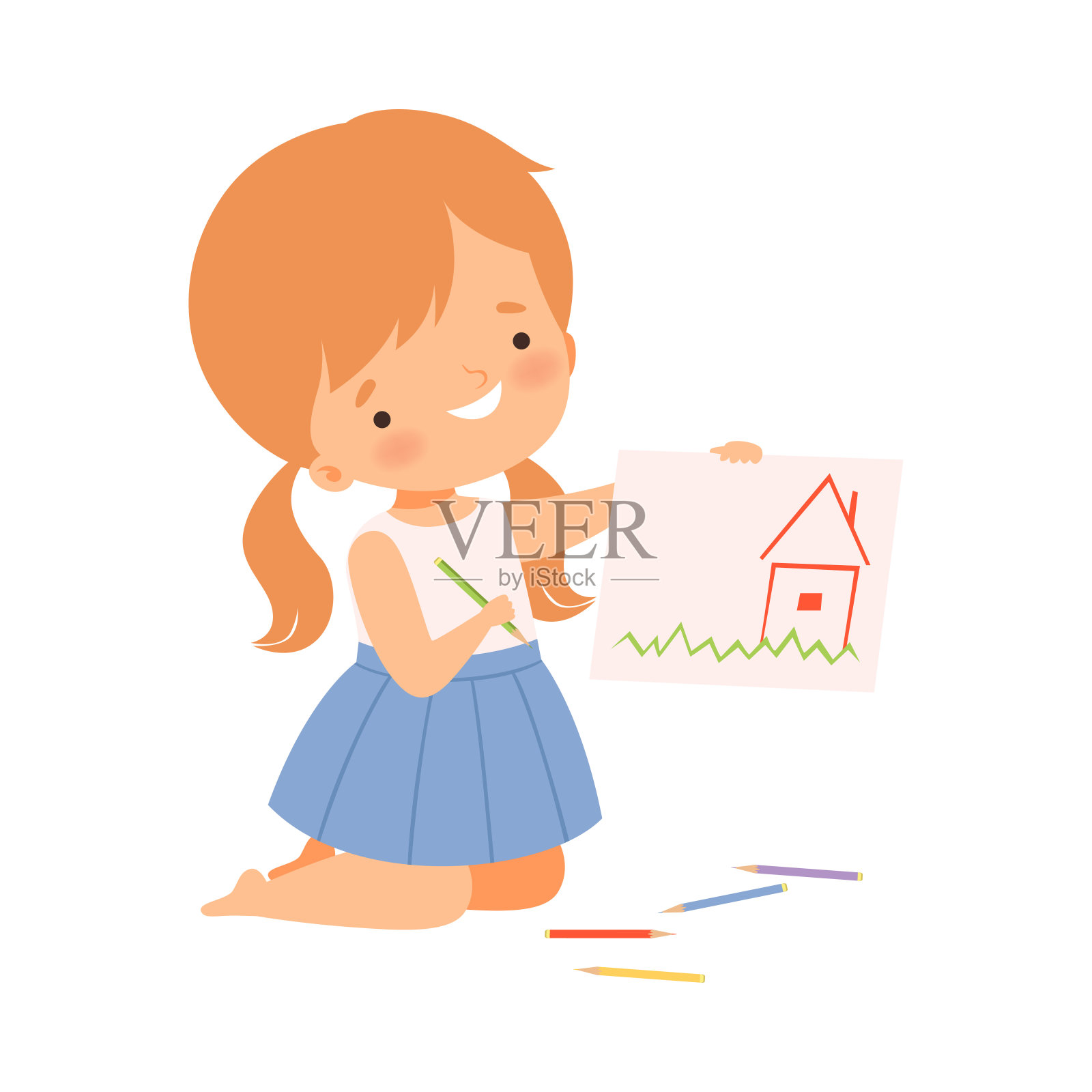 可爱的女孩坐在地板上她的膝盖和绘画与彩色铅笔,可爱的年轻艺术家卡通人物,孩子创造性爱好矢量插图插画图片素材