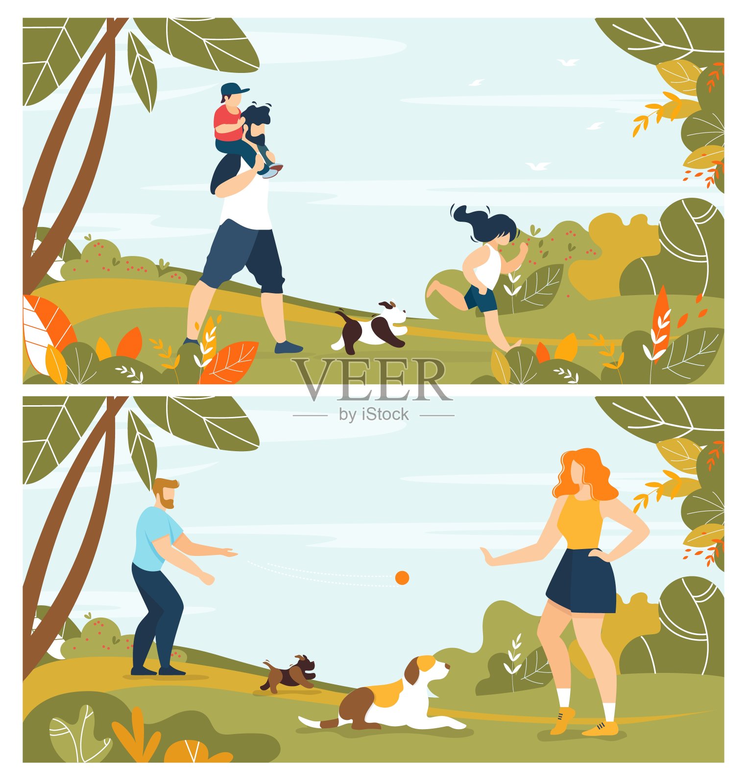 快乐的家庭与宠物和活跃的休息在公园设置插画图片素材