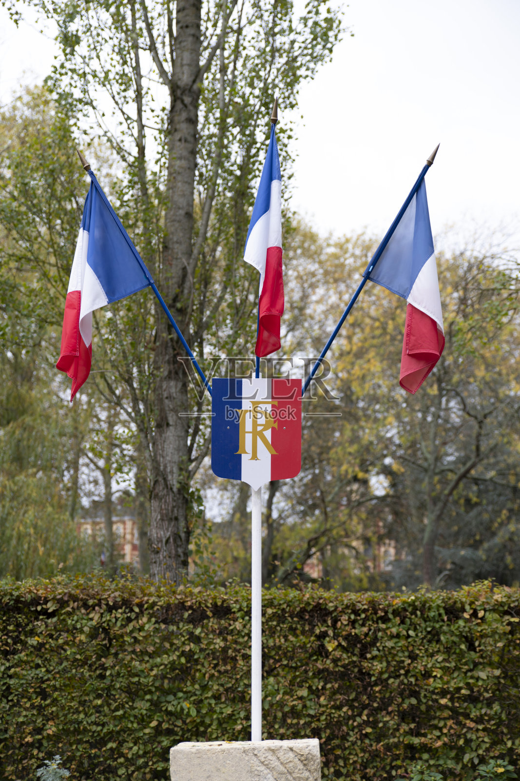 一面写有“RF”的法国徽章前面的法国国旗(法兰西共和国)照片摄影图片