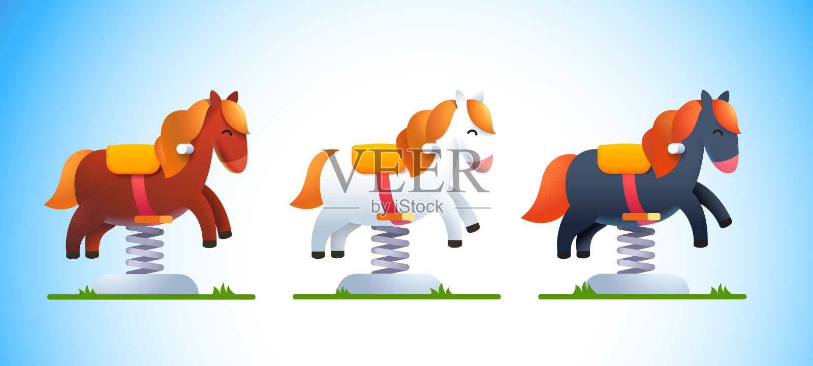 在弹簧上骑摇摆木马。幼儿园或托儿所儿童夏季户外娱乐活动。可爱的玩具小马套装。平面向量插图插画图片素材