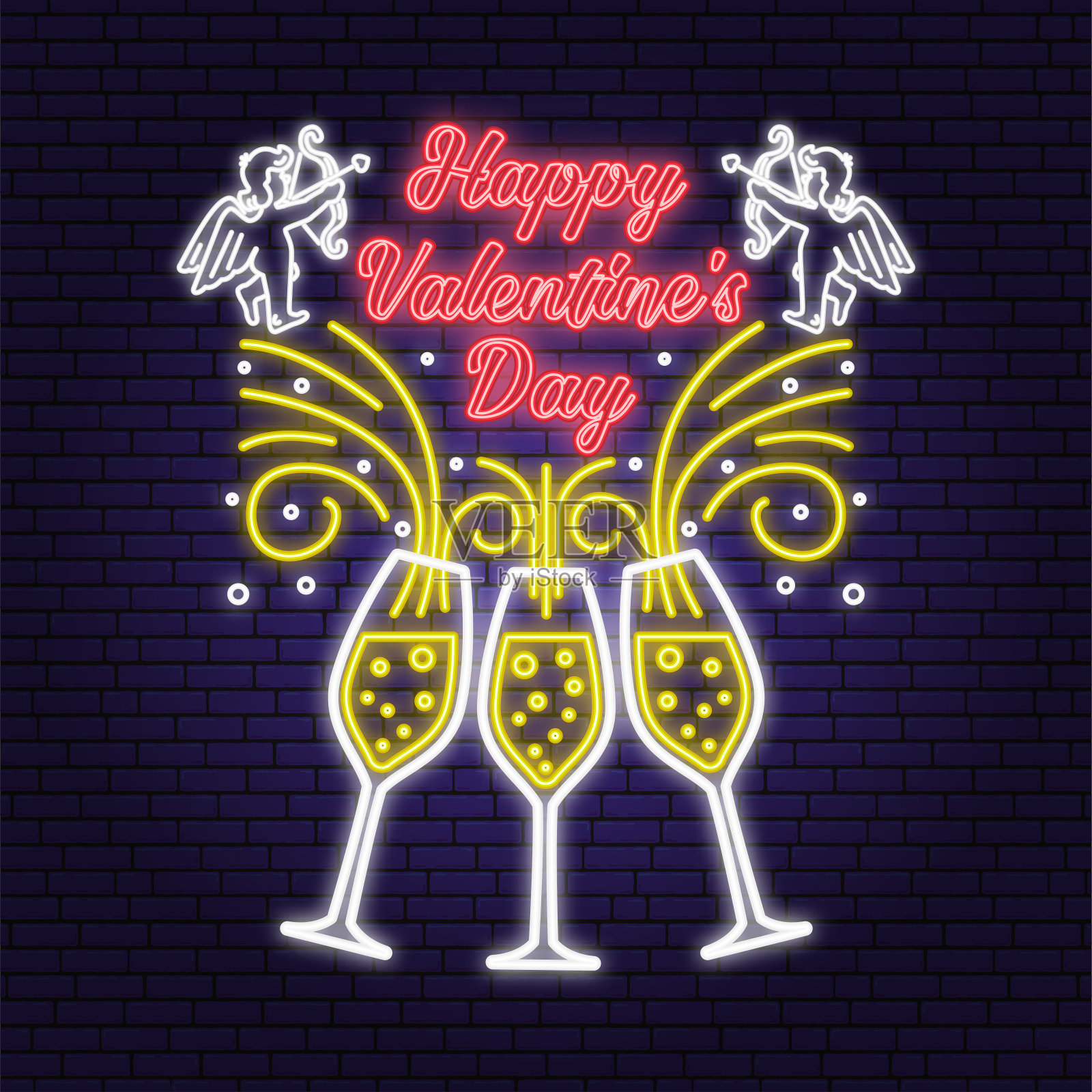 情人节快乐霓虹贺卡,传单,海报。邮票,徽章,贴纸,印有香槟杯和小天使的卡片。向量。情人节霓虹亮招牌,光横幅设计模板素材