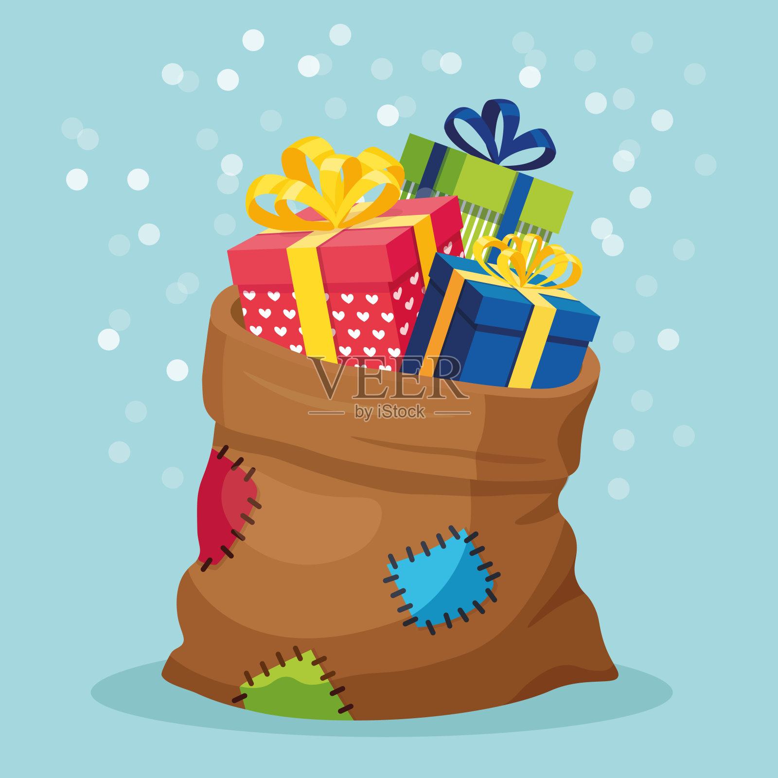 圣诞老人袋与礼物盒孤立的背景。装满礼物的圣诞袋包。插画图片素材