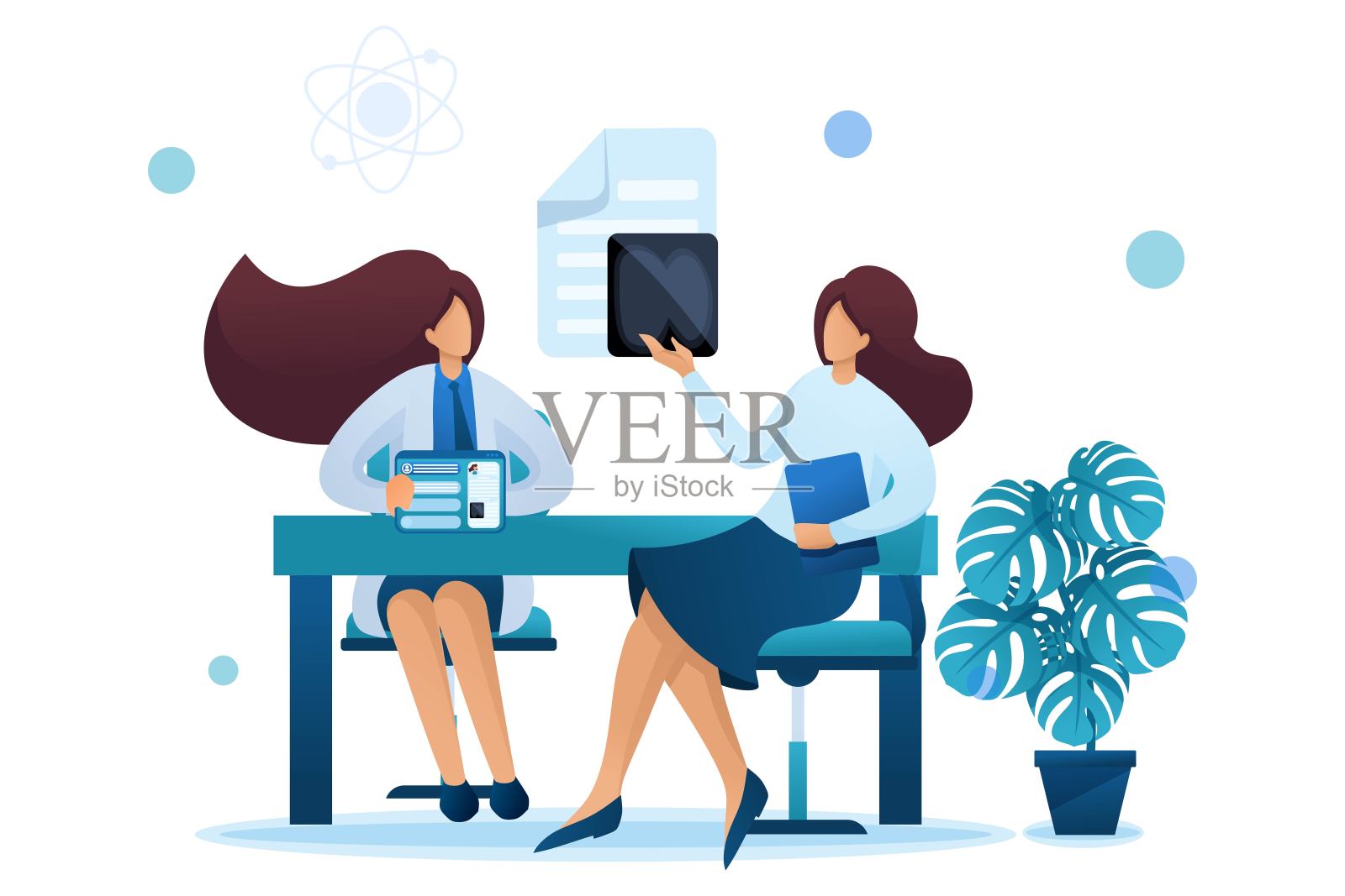 年轻的女医生劝告病人。卫生保健的概念。平面二维字符。网页设计概念插画图片素材