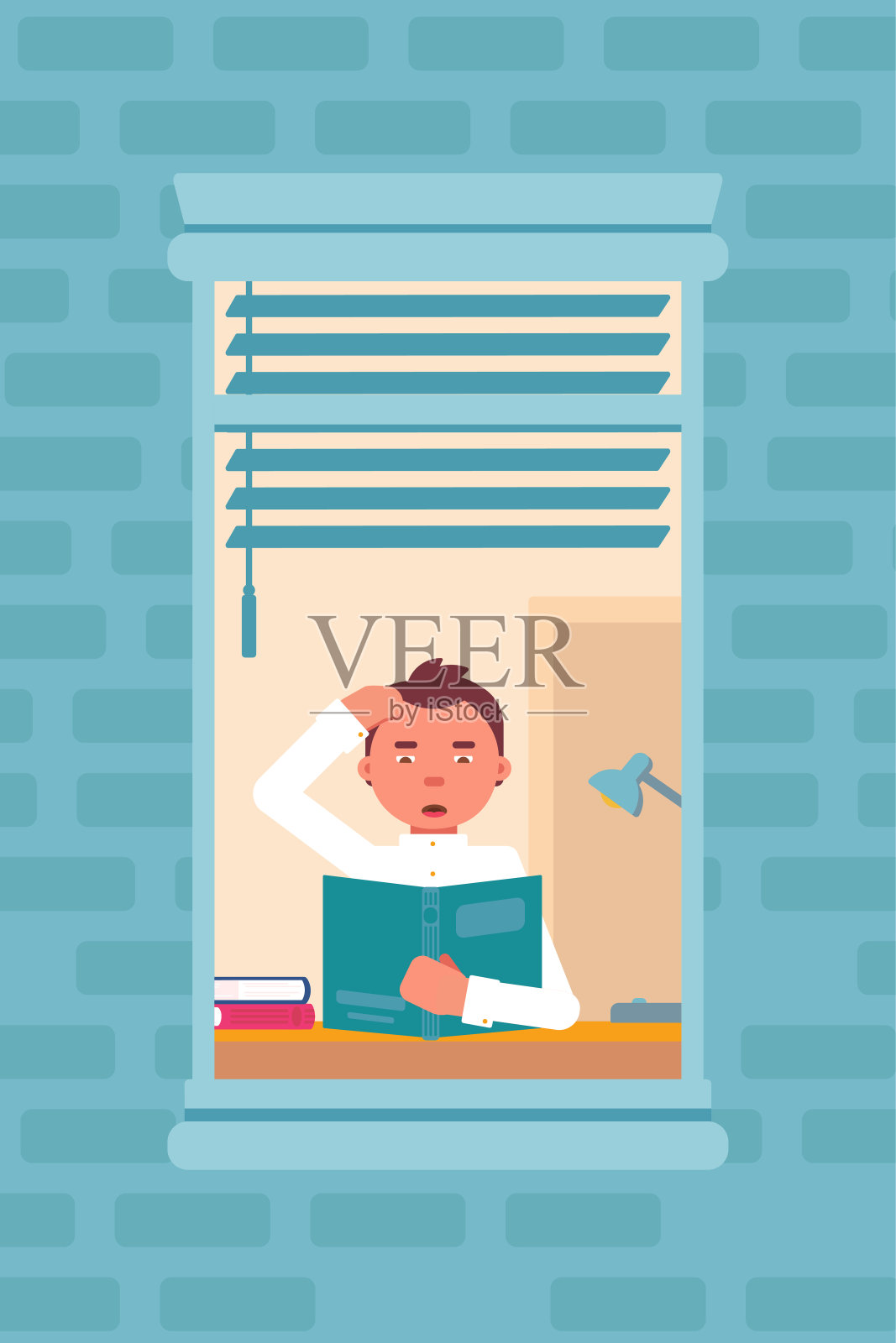 在房子窗户里看书的学生插画图片素材