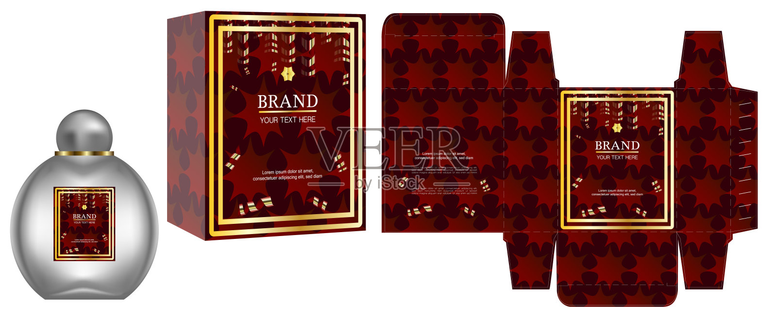 包装设计,标签在香水或化妆品容器与红色和金色豪华盒模板和模型盒,插图向量。插画图片素材