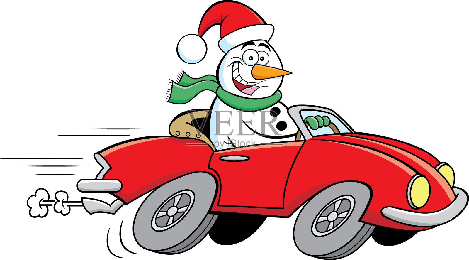 卡通快乐雪人开着跑车。插画图片素材