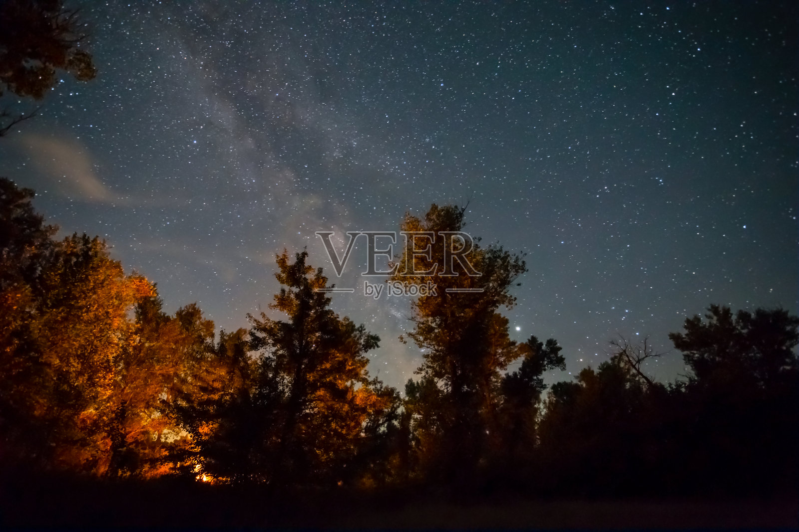 夜间露营场景,旅游营火在星夜森林下与银河相映照片摄影图片