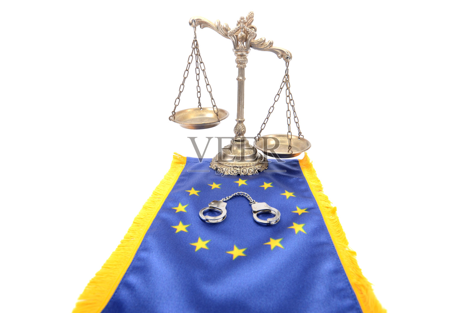 正义的天平和欧盟的旗帜照片摄影图片