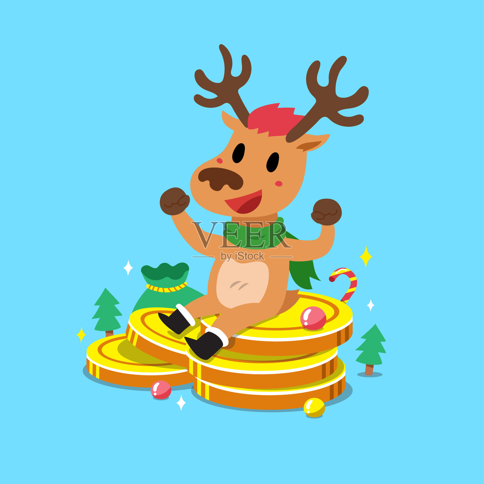 圣诞节矢量卡通驯鹿与大额金币堆插画图片素材