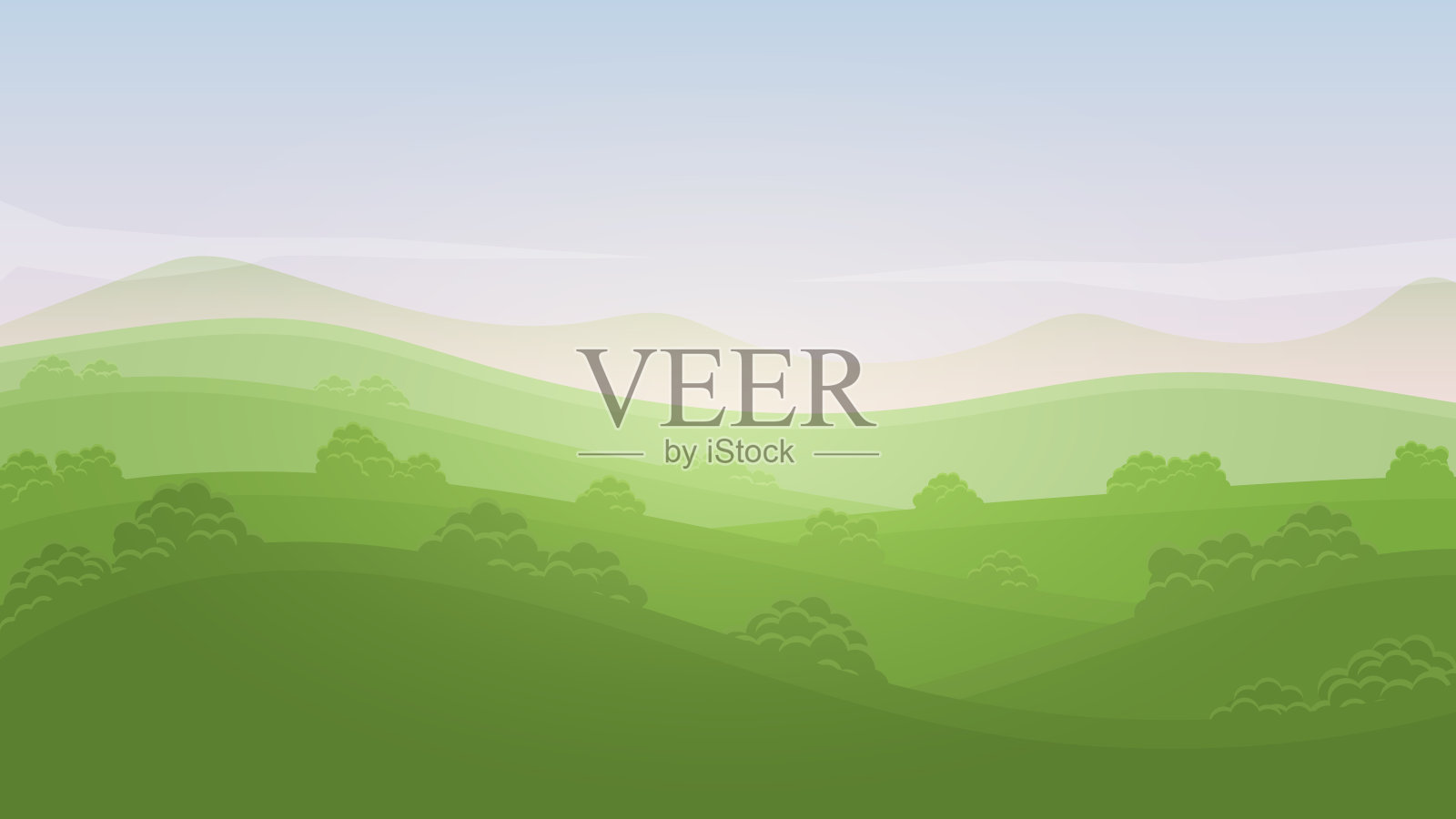 绿色景观夏季乡村山谷自然横幅山丘模板与天空,山脉,灌木和草地插画图片素材