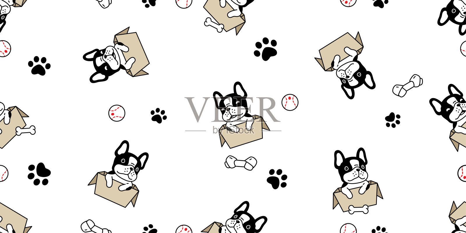 狗无缝图案法国牛头犬向量盒子爪子脚印骨头棒球宠物玩具围巾孤立的卡通重复背景瓷砖墙纸插图白色设计插画图片素材