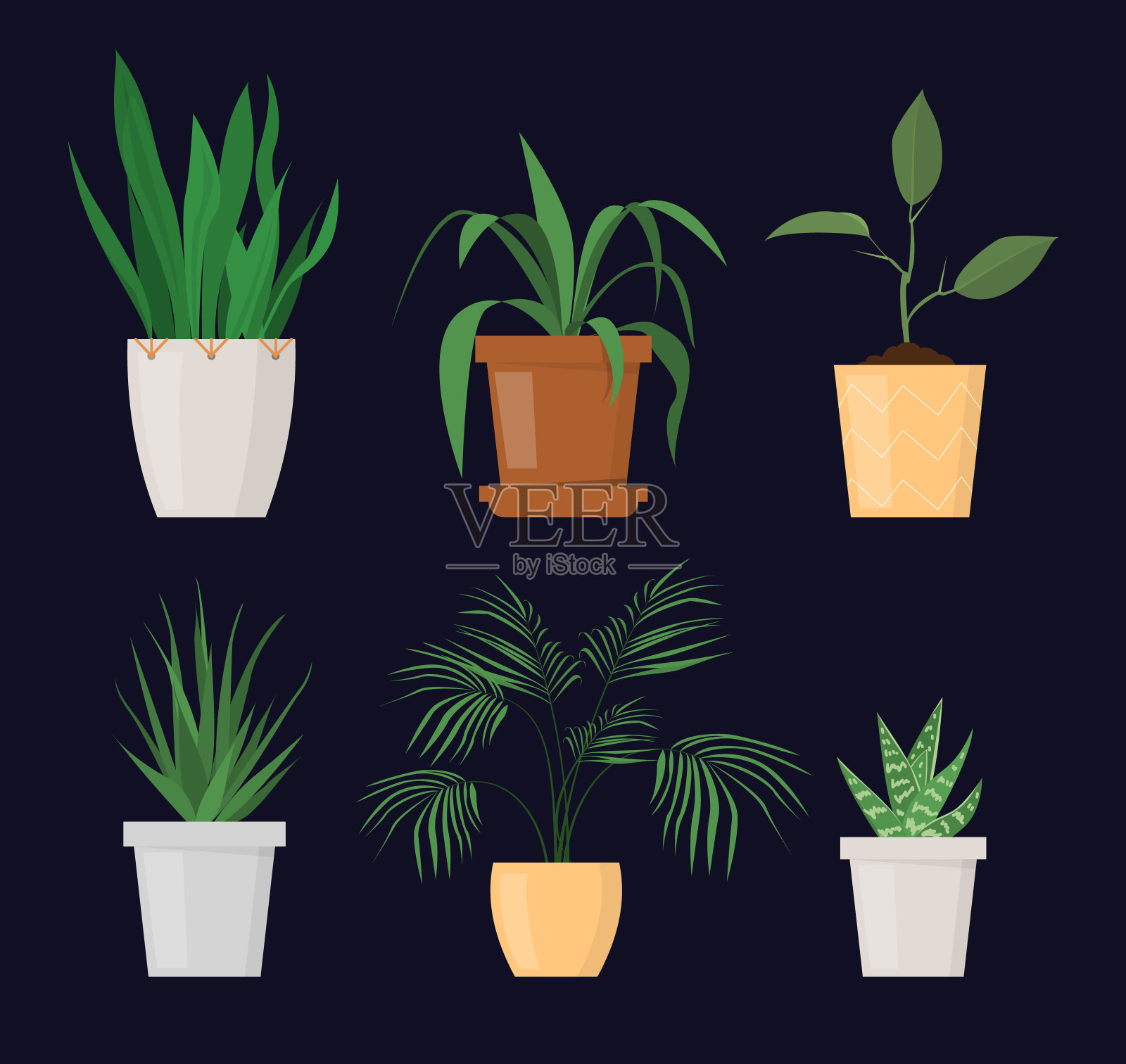 绿色植物在盆栽中集向量孤立插画图片素材