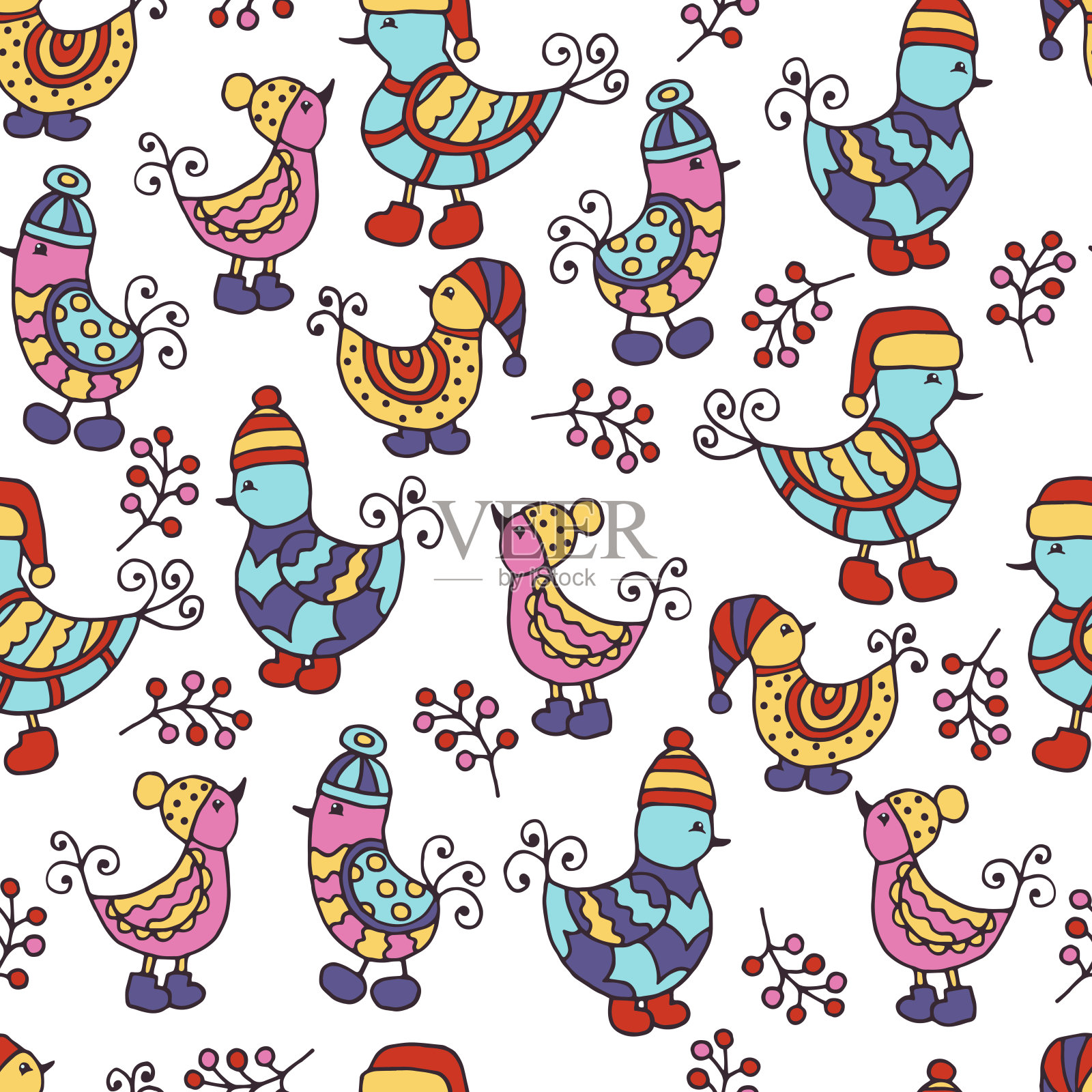 无缝图案与抽象手绘鸟在冬天的帽子上白色的背景插画图片素材
