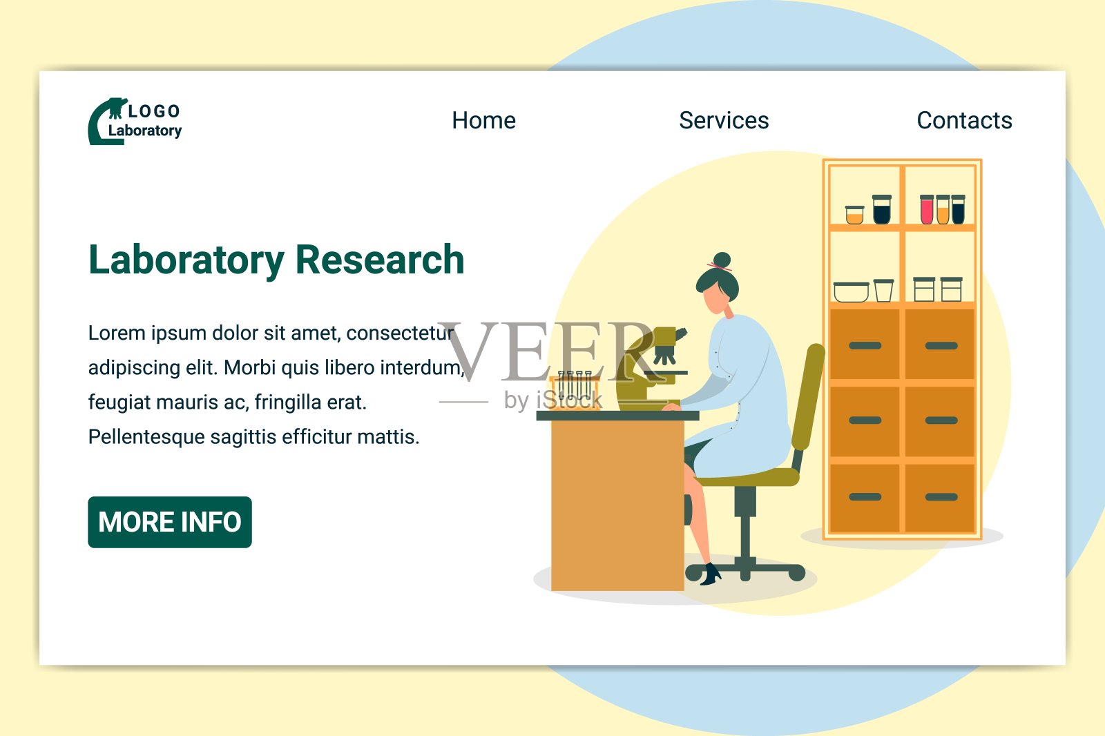 科学家坐在桌子旁,用显微镜工作。插画图片素材