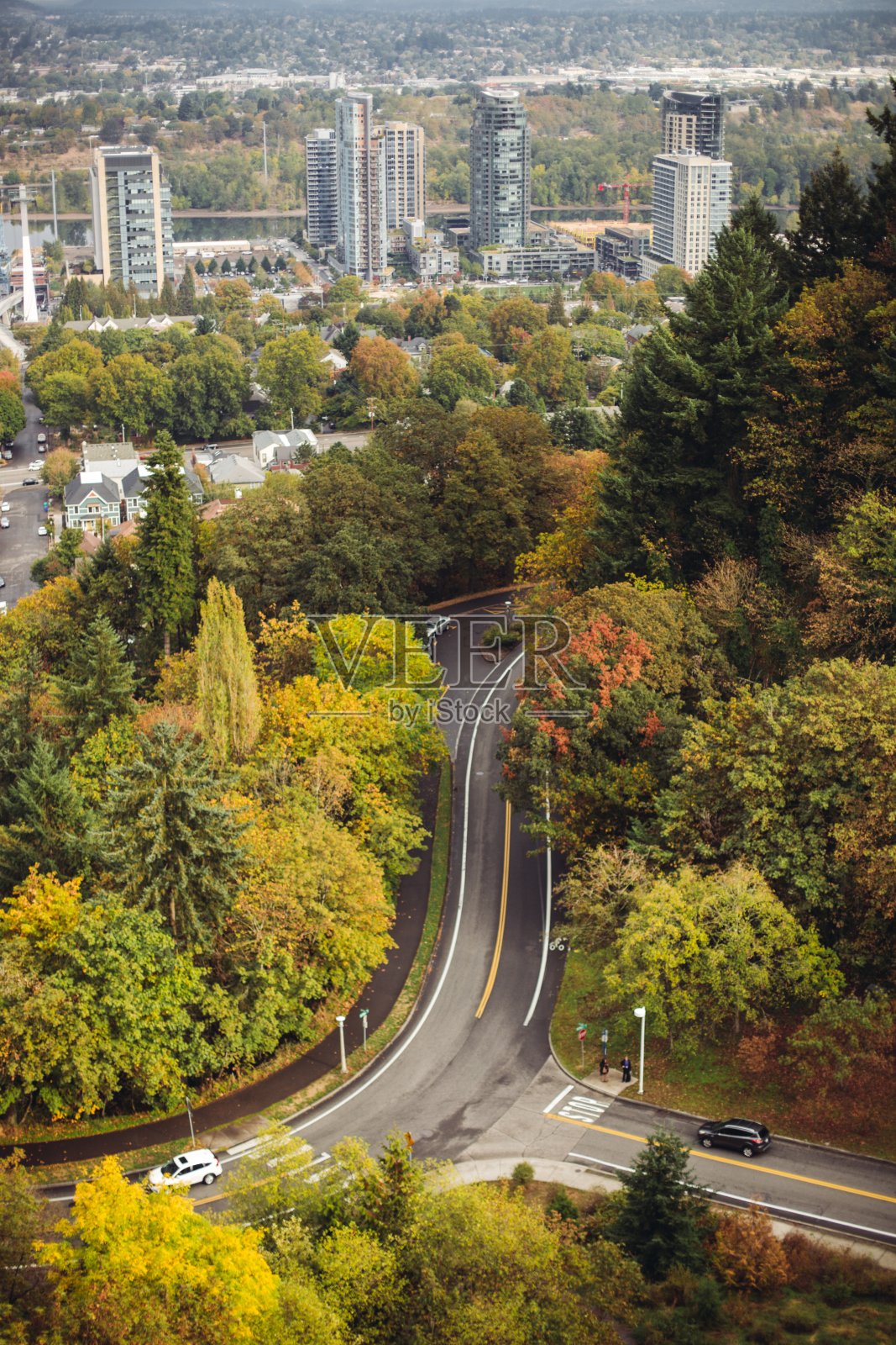 上面的视图弯曲的道路与树木和摩天大楼照片摄影图片