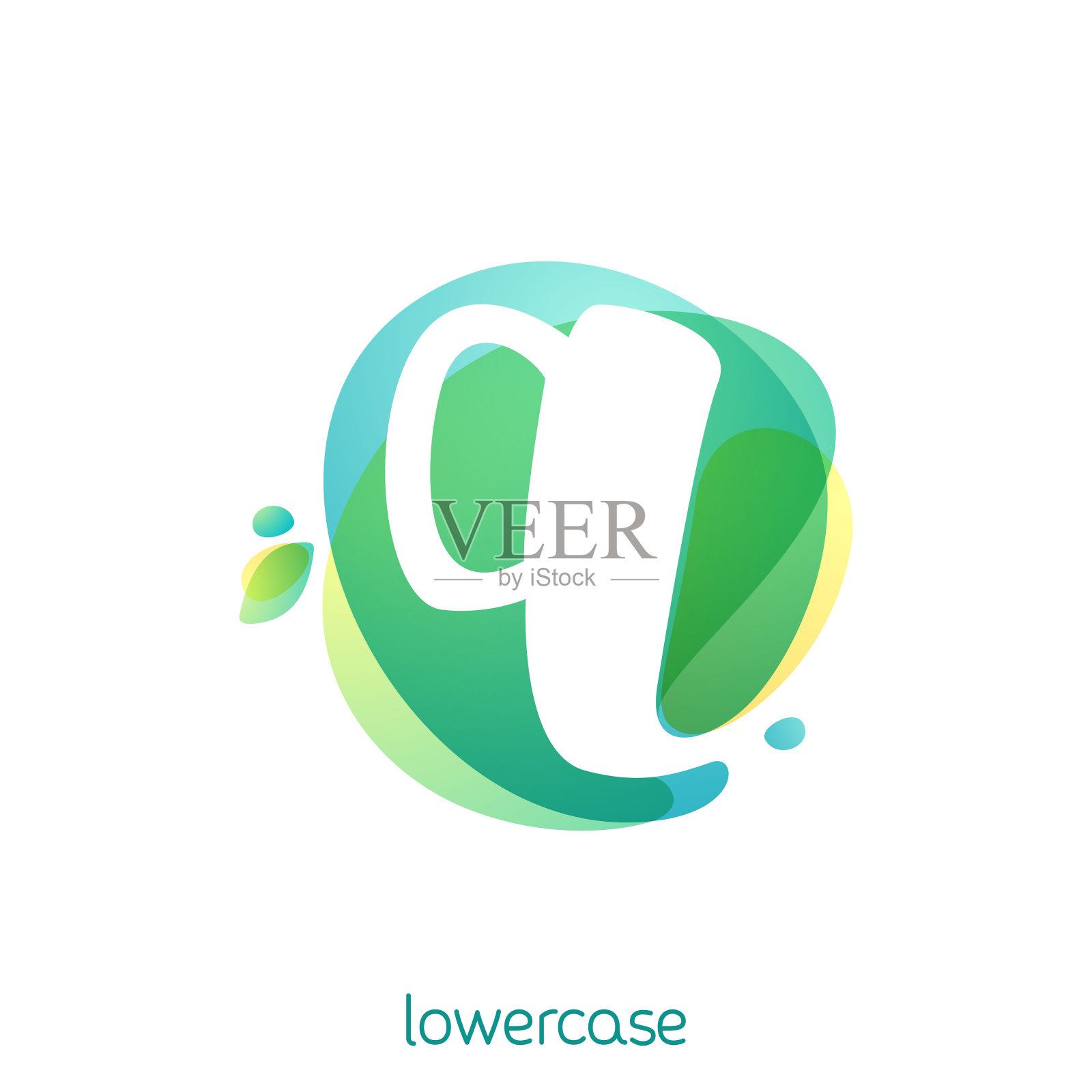 生态小写字母q标志。水彩字体与绿色叶子重叠。插画图片素材