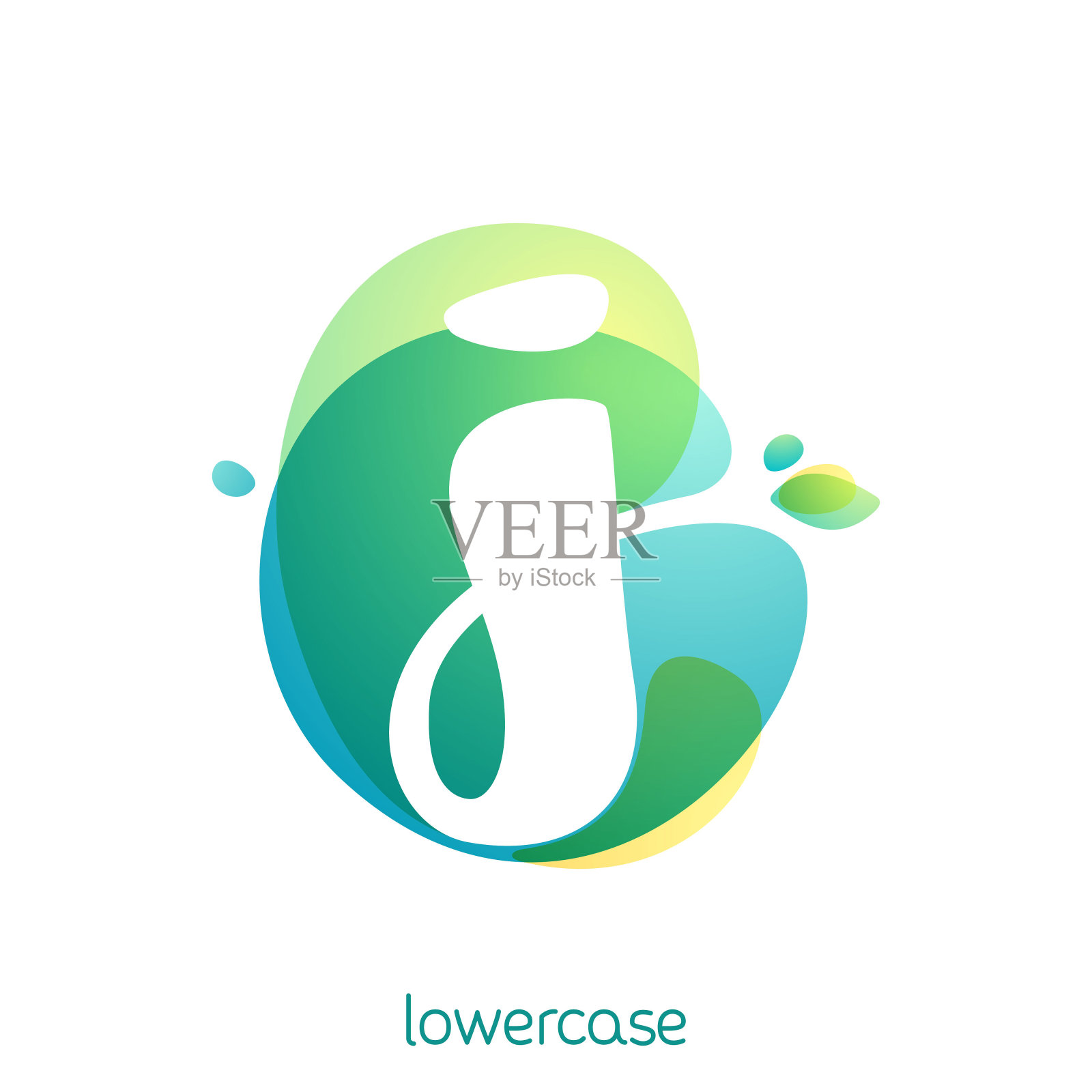 生态小写字母j标志。水彩字体与绿色叶子重叠。插画图片素材