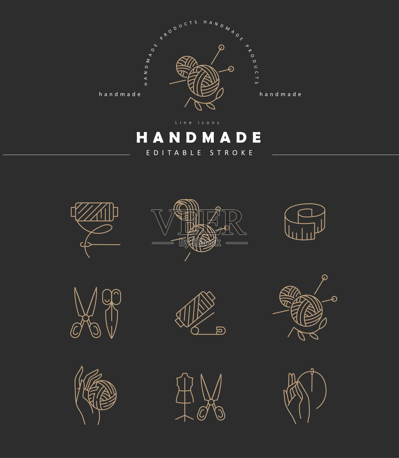 矢量图标和标志缝制和手工。可编辑大纲中风插画图片素材