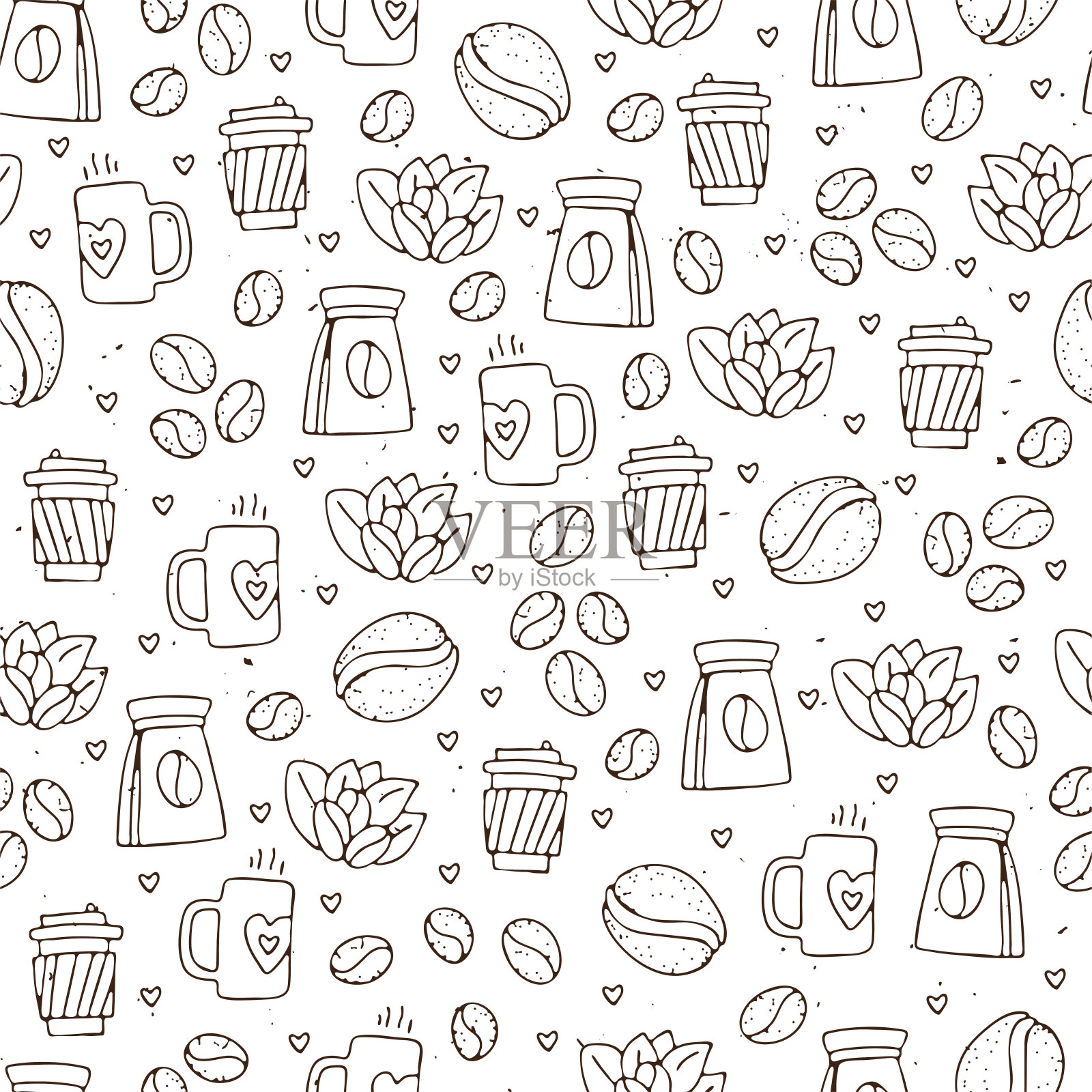 矢量无缝咖啡图案与咖啡豆和树叶,咖啡种子袋,咖啡设备。手绘咖啡无缝模式与轻纹理在白色的背景插画图片素材