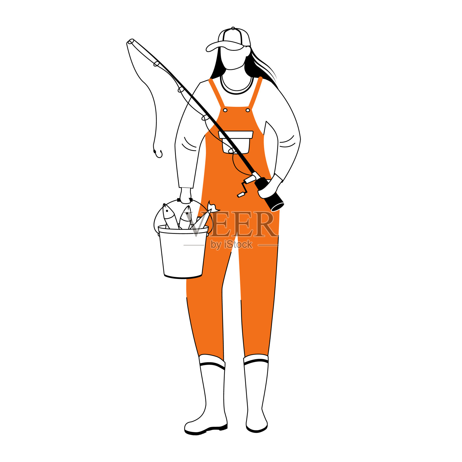 渔妇平面矢量插图。运动,积极的休闲活动。渔人与鱼竿和水桶孤立的卡通人物与轮廓元素在白色的背景插画图片素材