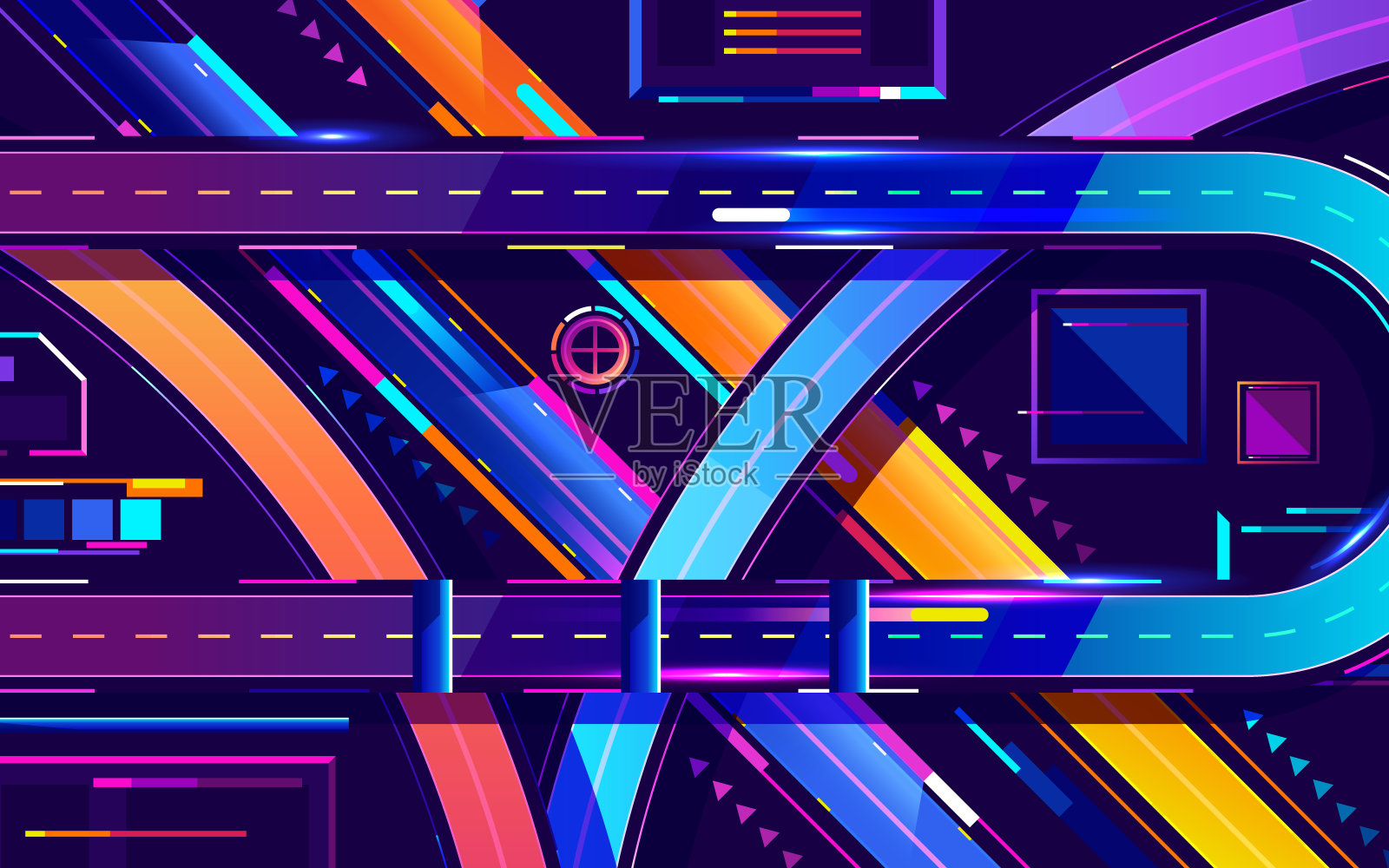 都市夜间高速公路霓虹色,俯视图卡通向量。矢量图插画图片素材