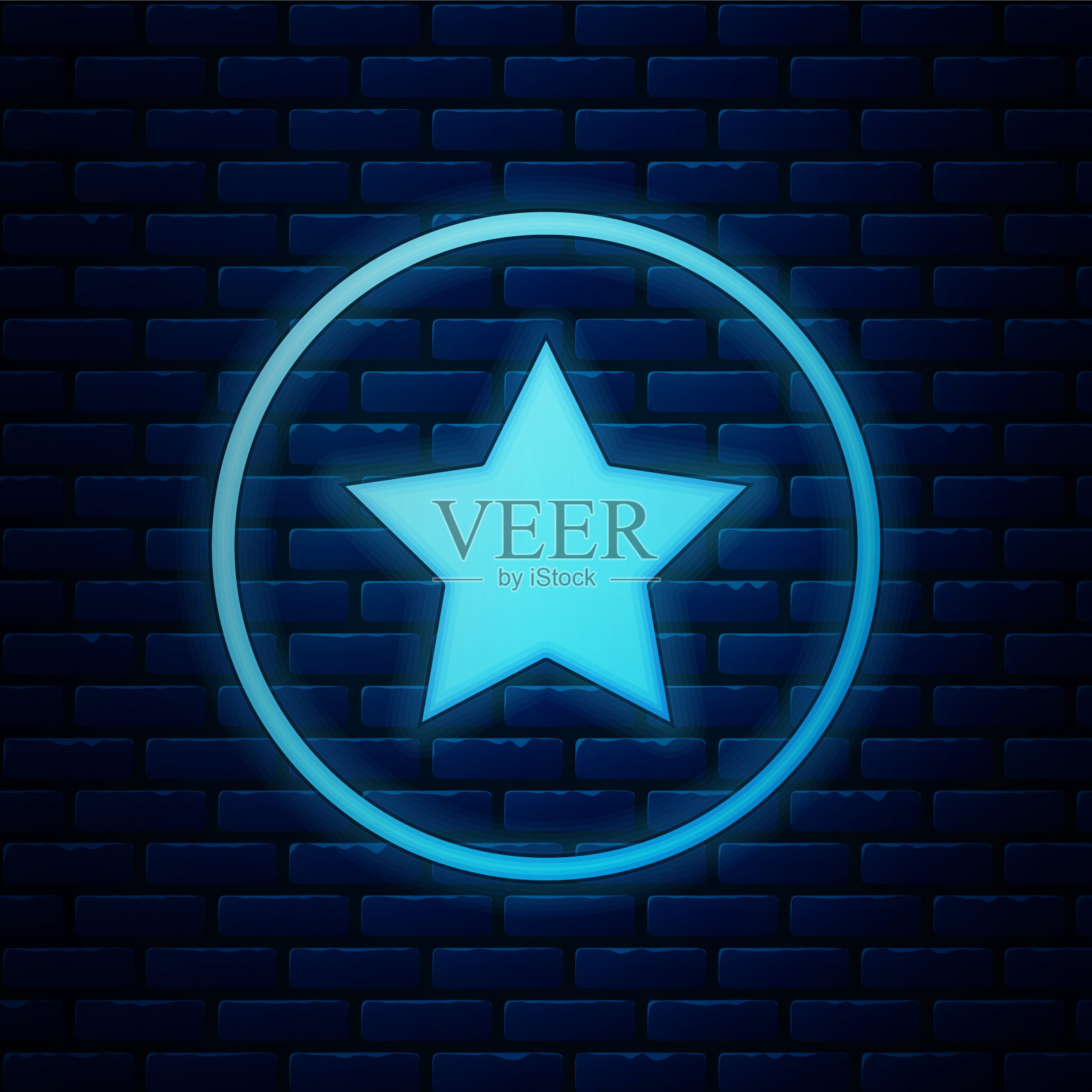 发光的霓虹灯星形图标孤立在砖墙背景上。最受欢迎,最佳评分,奖项象征。矢量图插画图片素材