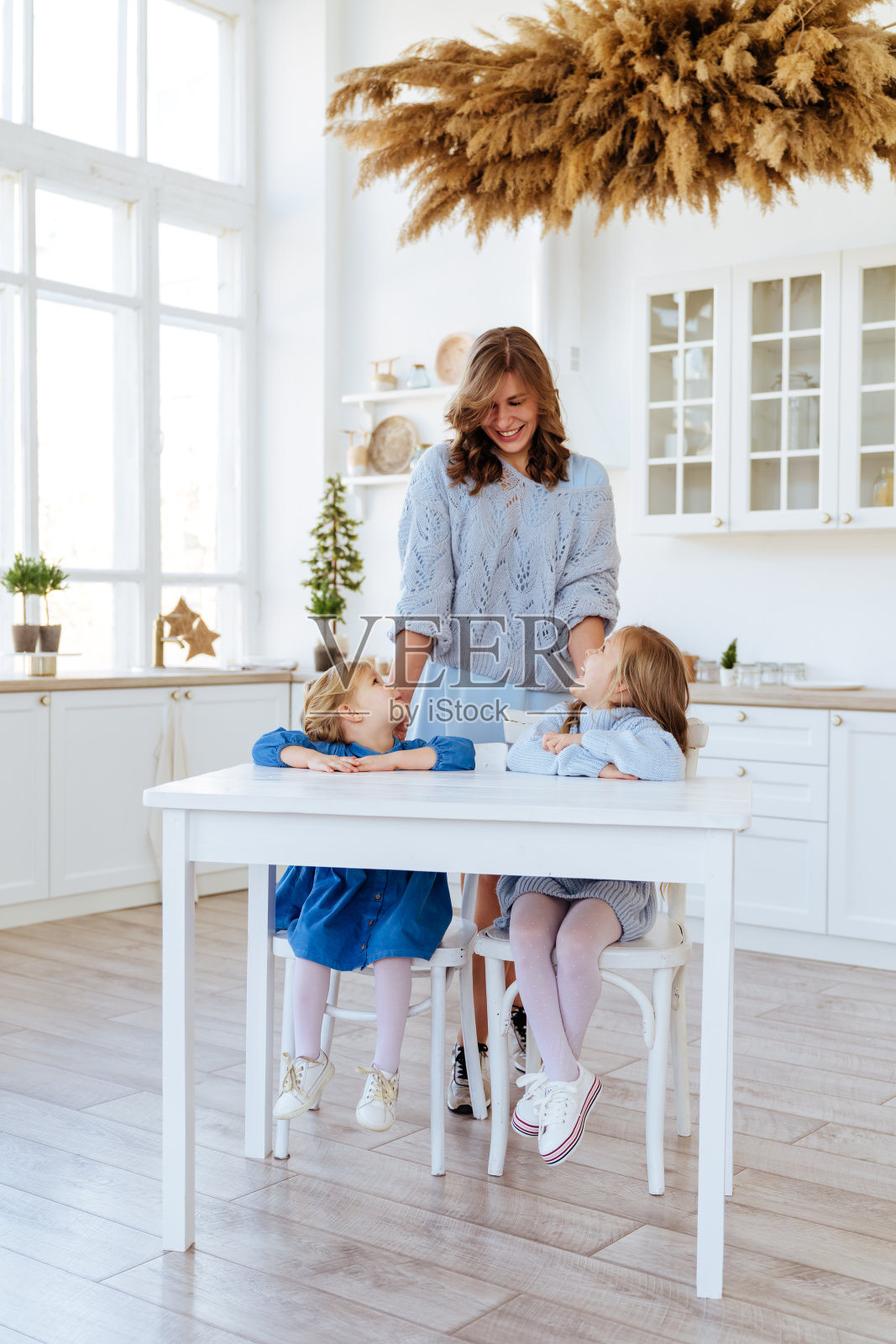 妈妈和她的两个孩子坐在餐桌上。照片摄影图片