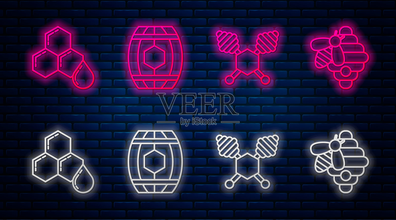 装蜂蜜的木桶,蜂蜜勺,蜂巢和蜂巢。砖墙上发光的霓虹灯图标。向量图标素材