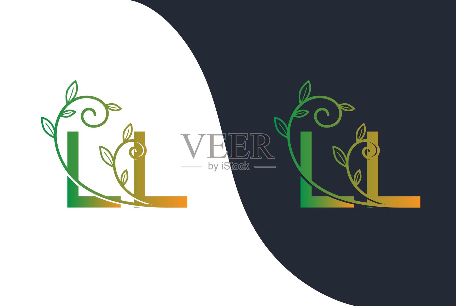 绿色黄色渐变婚礼花初始LL图标设计。矢量标志模板插画图片素材