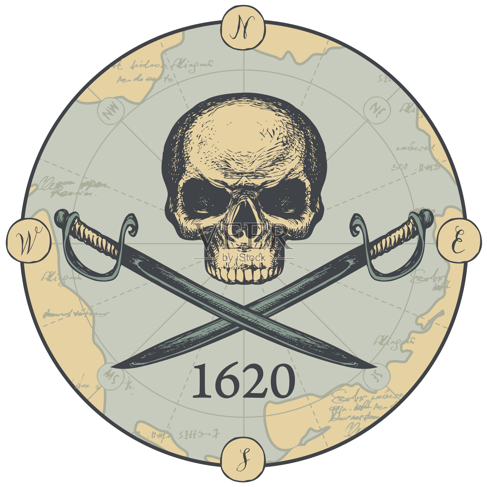 矢量旗帜与人类头骨,剑和旧地图设计元素图片