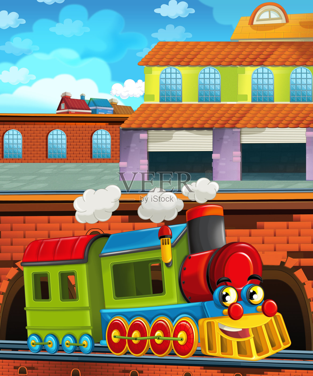 卡通有趣的火车在火车站附近的城市插画图片素材