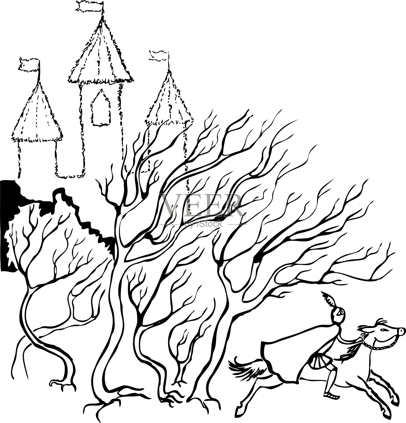 在童话城堡里骑马的骑士插画图片素材